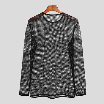 Muški mrežasti T‑shirt s dugim rukavima i okruglim izrezom, uski kroj, prozračan poliester, mrežasti uzorak