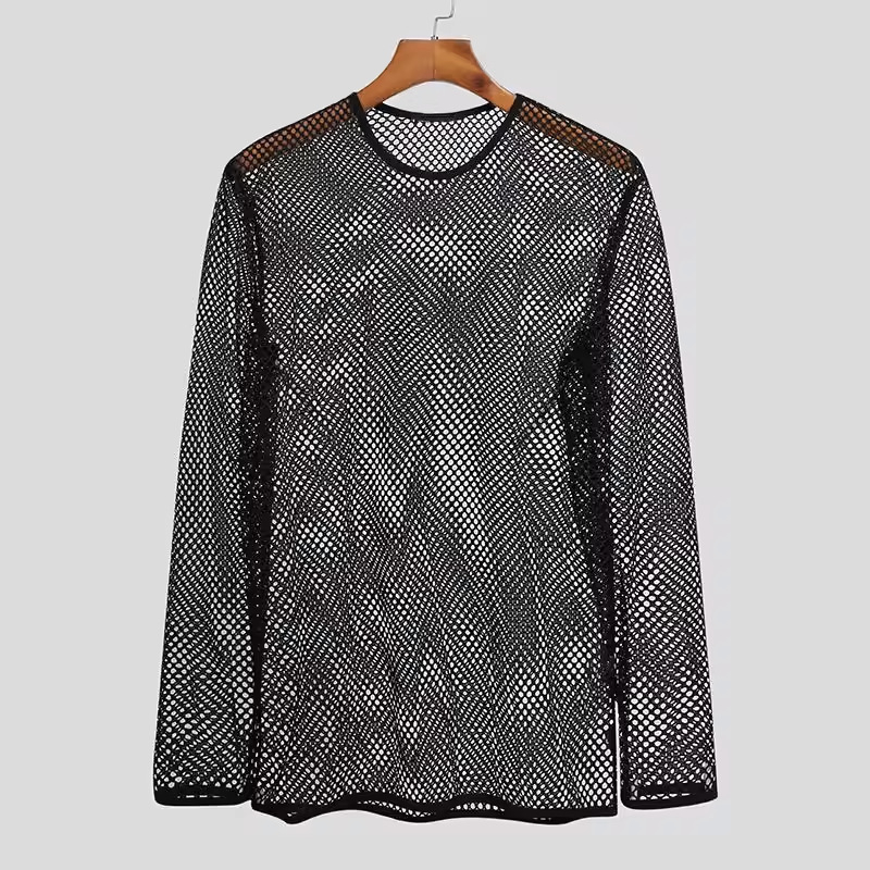 Muški mrežasti T‑shirt s dugim rukavima i okruglim izrezom, uski kroj, prozračan poliester, mrežasti uzorak