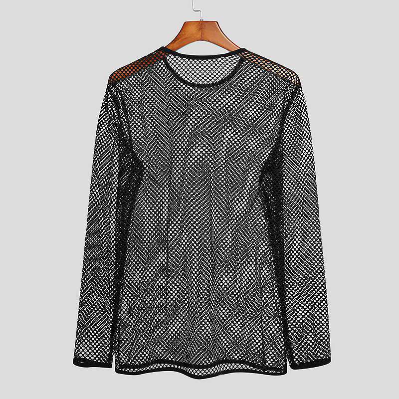 Muški mrežasti T‑shirt s dugim rukavima i okruglim izrezom, uski kroj, prozračan poliester, mrežasti uzorak