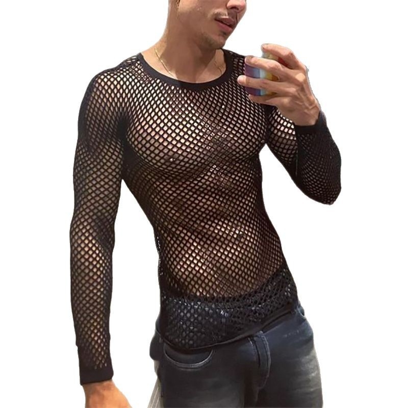 Muški mrežasti T‑shirt s dugim rukavima i okruglim izrezom, uski kroj, prozračan poliester, mrežasti uzorak