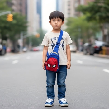 Детска чанта за кръст с карикатурен дизайн, оксфорд плат, цип за затваряне, вътрешен джоб за телефон и ламиниран джоб с цип