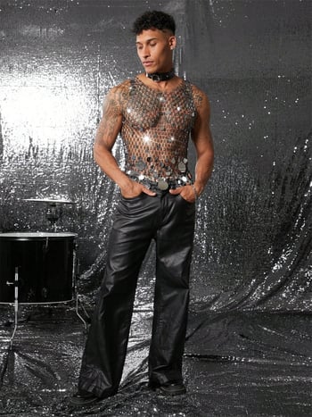 Meeste plaaživest pärlidega ripats ja kalapüügivõrgu musteriga kangas, vaba lõige, ühtne värv, nailon/polüamiid, kevad 2025, streetwear