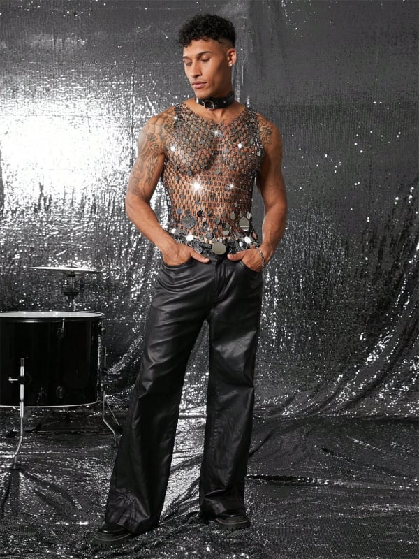 Meeste plaaživest pärlidega ripats ja kalapüügivõrgu musteriga kangas, vaba lõige, ühtne värv, nailon/polüamiid, kevad 2025, streetwear