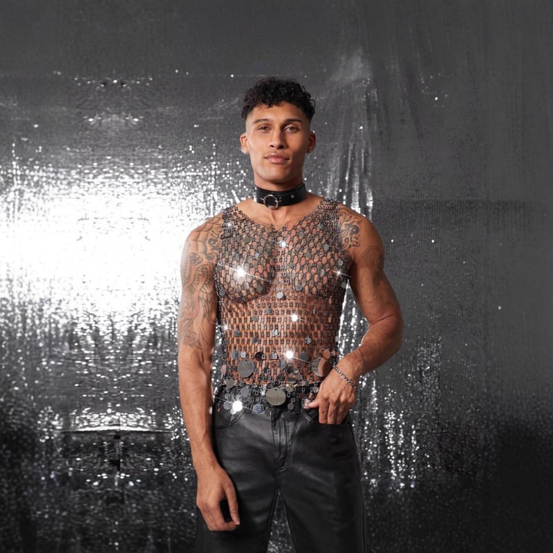 Meeste plaaživest pärlidega ripats ja kalapüügivõrgu musteriga kangas, vaba lõige, ühtne värv, nailon/polüamiid, kevad 2025, streetwear