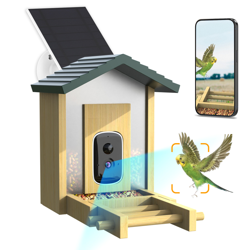 Pametno hranilico za ptice s AI prepoznavanjem ptica, solarno napajanje, ugrađena 4000mAh baterija, 4MP HD noćna vizija kamera, upravljanje putem aplikacije
