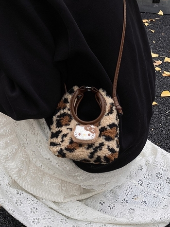 Dječja pliš torbica s leopard uzorkom, dizajn mačke, mini crossbody torba, PU nubuk, podstava poliester, zima 2025