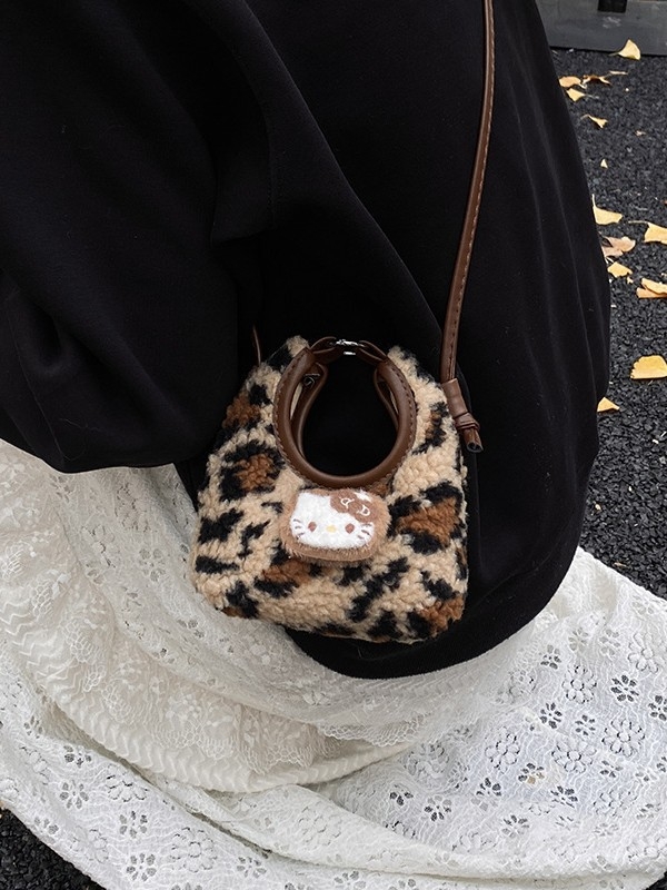 Dječja pliš torbica s leopard uzorkom, dizajn mačke, mini crossbody torba, PU nubuk, podstava poliester, zima 2025