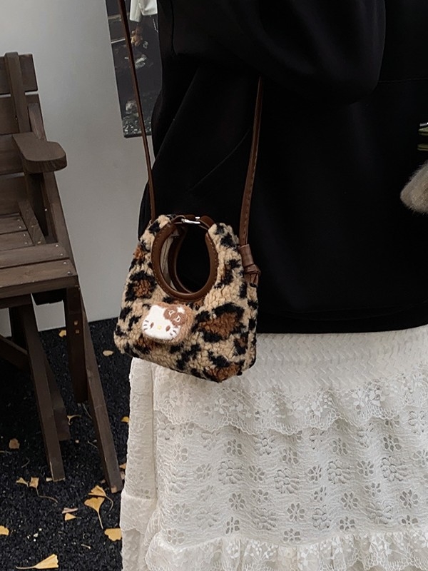 Dječja pliš torbica s leopard uzorkom, dizajn mačke, mini crossbody torba, PU nubuk, podstava poliester, zima 2025