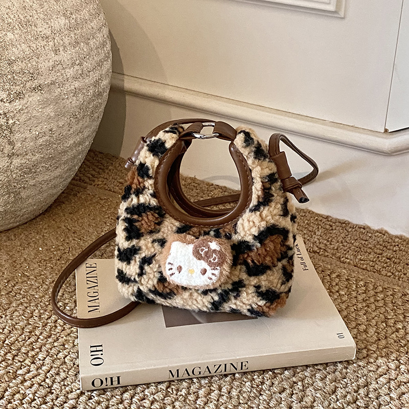 Dječja pliš torbica s leopard uzorkom, dizajn mačke, mini crossbody torba, PU nubuk, podstava poliester, zima 2025