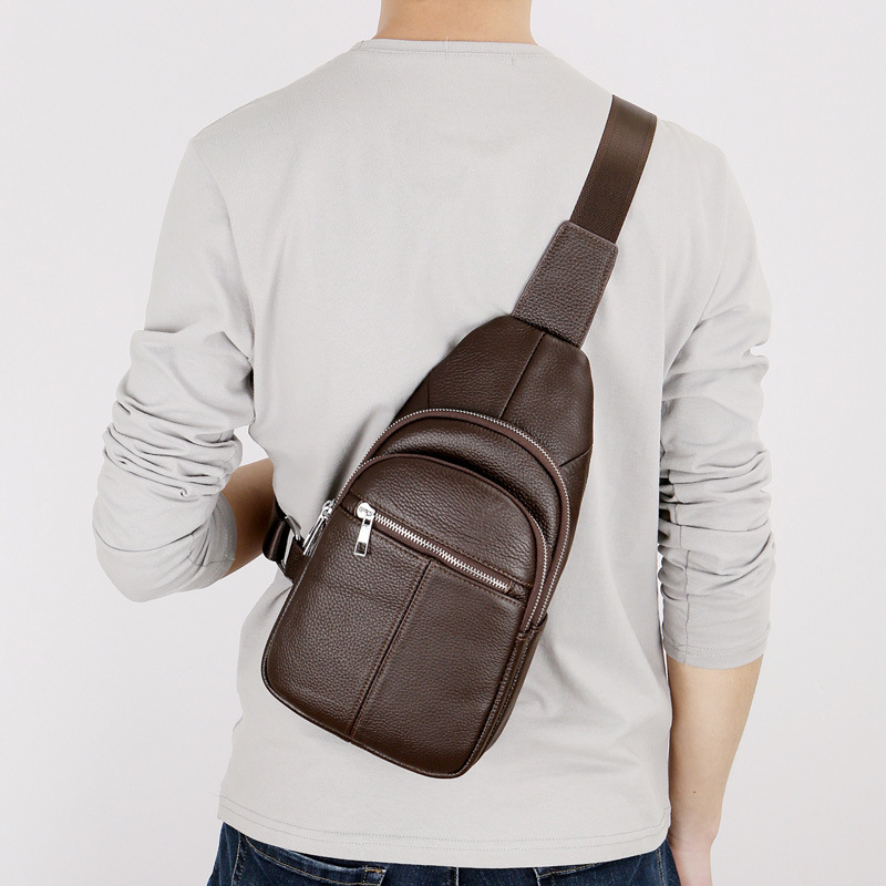 Geantă de piept pentru bărbați, din piele naturală, strat superior de piele, respirabilă, stil business, crossbody
