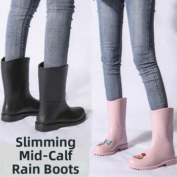 Дамски ботуши за дъжд - средна височина на тръбата, PVC горна част, несклъзващи се водоустойчиви гумени ботуши, есенно-зимни