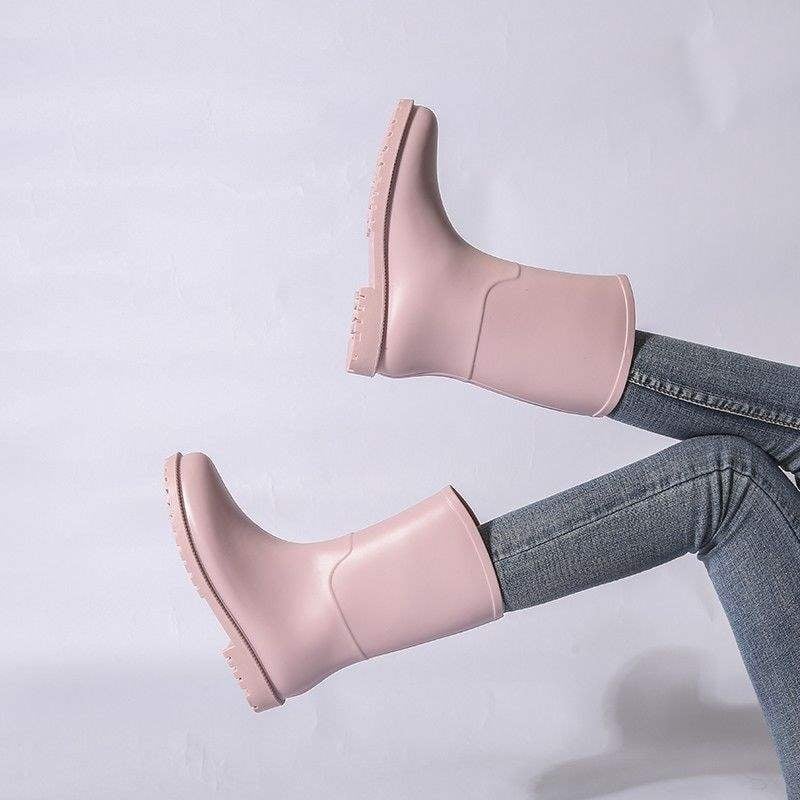 Дамски ботуши за дъжд - средна височина на тръбата, PVC горна част, несклъзващи се водоустойчиви гумени ботуши, есенно-зимни