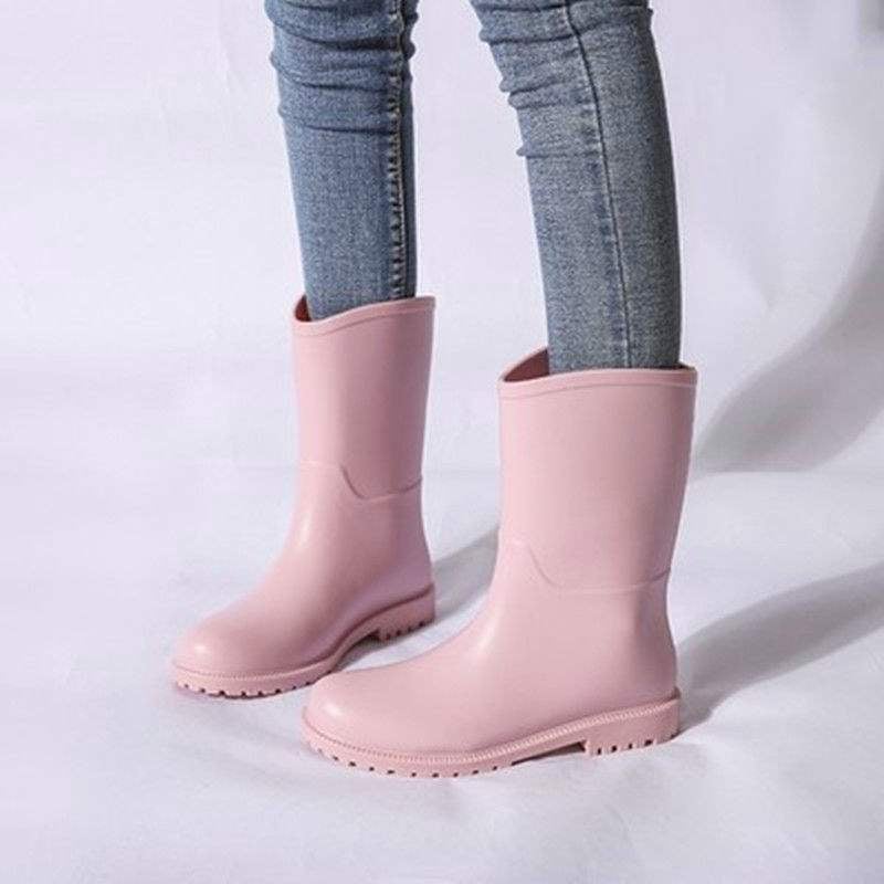 Дамски ботуши за дъжд - средна височина на тръбата, PVC горна част, несклъзващи се водоустойчиви гумени ботуши, есенно-зимни