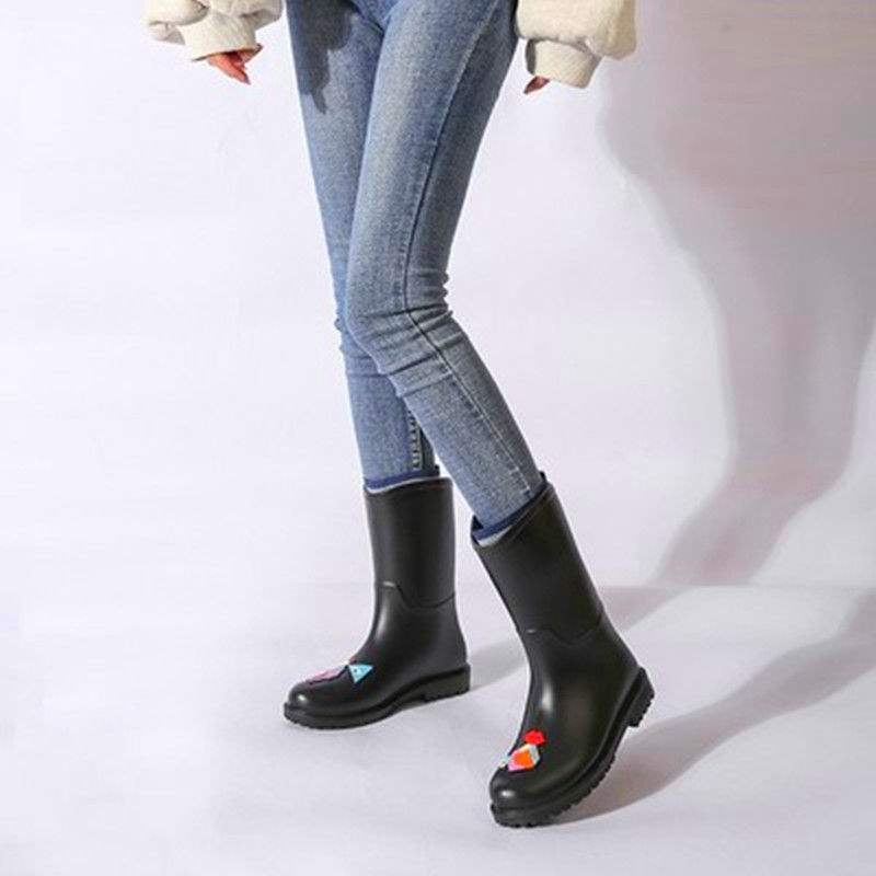 Дамски ботуши за дъжд - средна височина на тръбата, PVC горна част, несклъзващи се водоустойчиви гумени ботуши, есенно-зимни