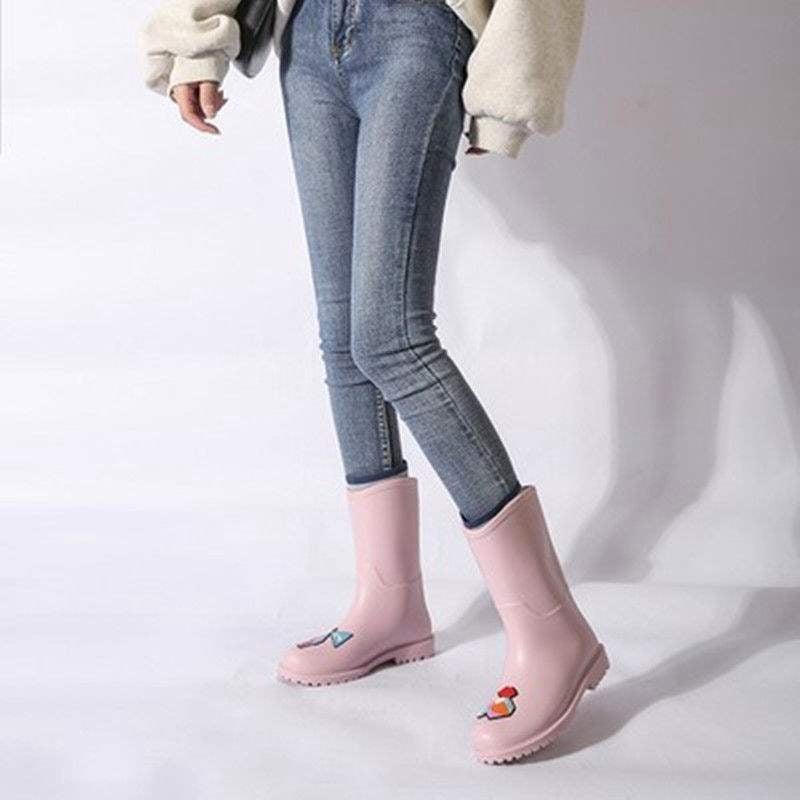 Дамски ботуши за дъжд - средна височина на тръбата, PVC горна част, несклъзващи се водоустойчиви гумени ботуши, есенно-зимни
