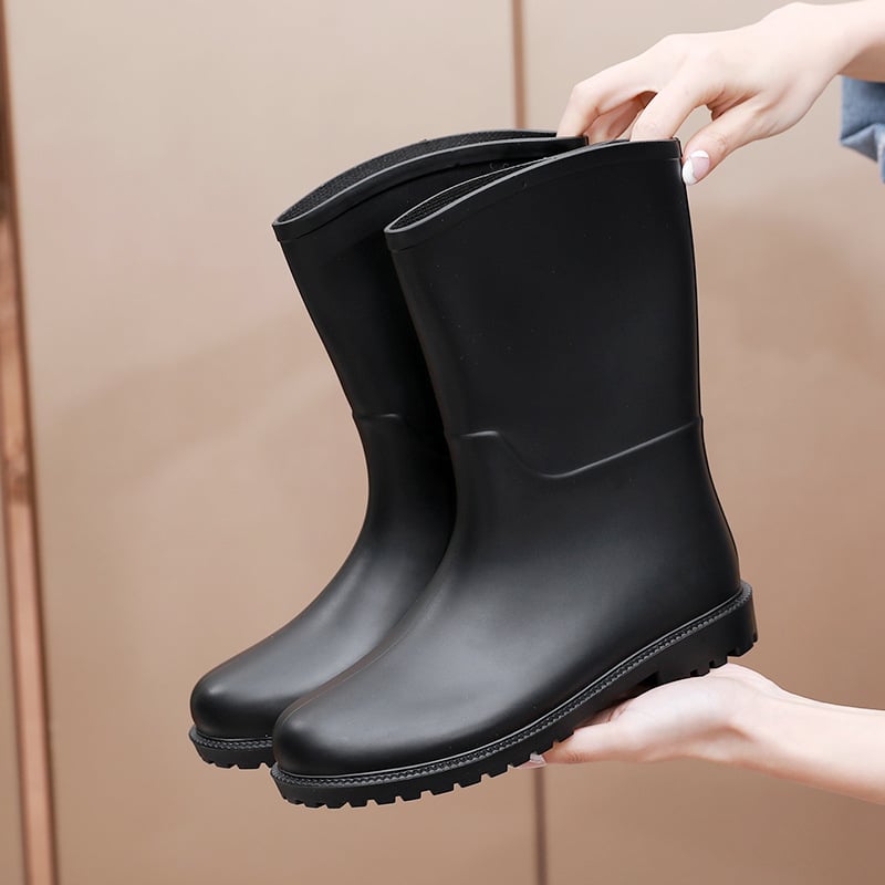 Дамски ботуши за дъжд до средната част на прасеца, PVC върх, нисък ток 1-3 см, абстрактен модел, подходящи за всички сезони