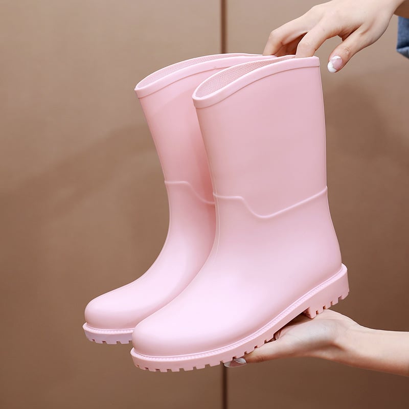 Дамски ботуши за дъжд до средната част на прасеца, PVC върх, нисък ток 1-3 см, абстрактен модел, подходящи за всички сезони