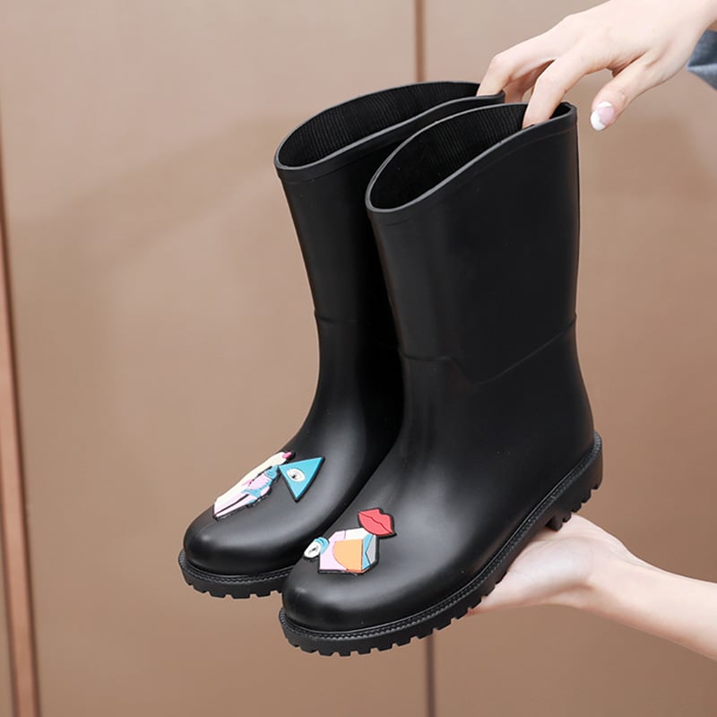 Дамски ботуши за дъжд до средната част на прасеца, PVC върх, нисък ток 1-3 см, абстрактен модел, подходящи за всички сезони