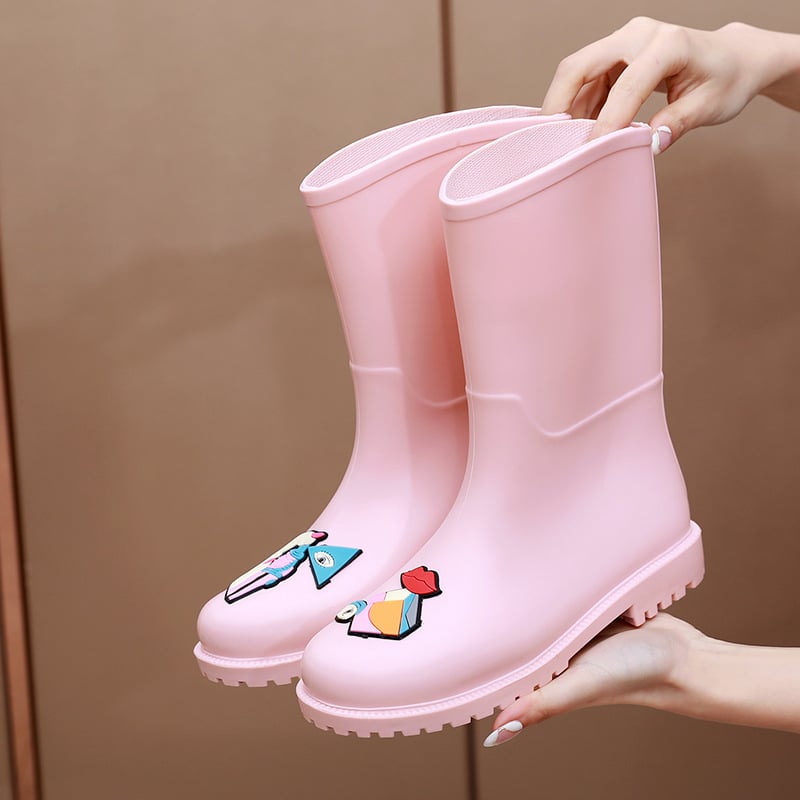 Дамски ботуши за дъжд до средната част на прасеца, PVC върх, нисък ток 1-3 см, абстрактен модел, подходящи за всички сезони