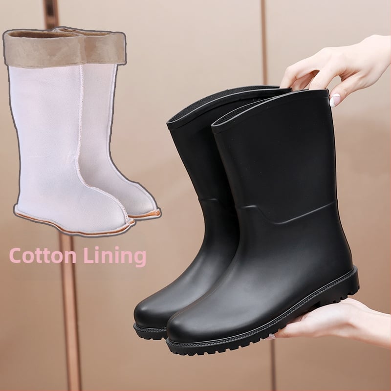 Дамски ботуши за дъжд до средната част на прасеца, PVC върх, нисък ток 1-3 см, абстрактен модел, подходящи за всички сезони