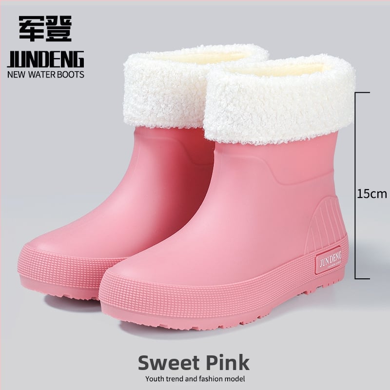 Дамски дъждовни ботуши PVC горна част, нисък маншет, удебелени, плосък ток, четири сезона