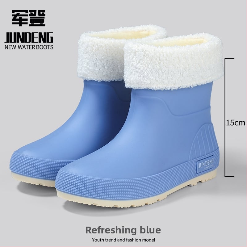 Дамски дъждовни ботуши PVC горна част, нисък маншет, удебелени, плосък ток, четири сезона