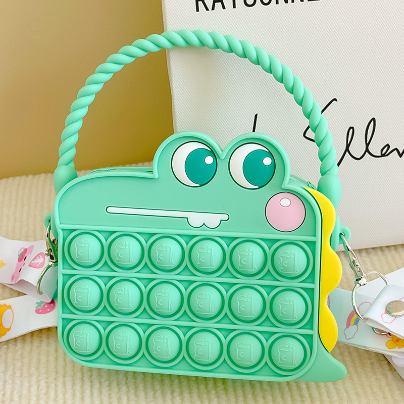 Geantă de umăr din silicon cu bule pentru relaxare, motiv cartoon cu căpșună și design cu pisicuță, capacitate medie