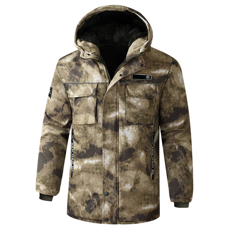 Jachetă bărbătească camuflată cu glugă — palton gros de iarnă, impermeabil și rezistent la vânt, fermoar pe față, lungime medie