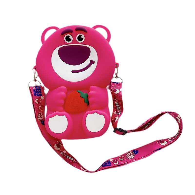 Mini silikonska torbica s dizajnom jagoda-medvjed - slatko unisex stil, vodootporna, bez podstavke, pogodna za učenike osnovne škole