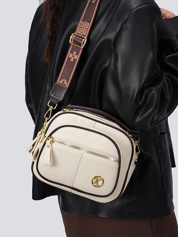 Ženska crossbody torbica s trostrukim dizajnom, PU koža, ovalni oblik, zip, unutarnja pretinac za dokumente
