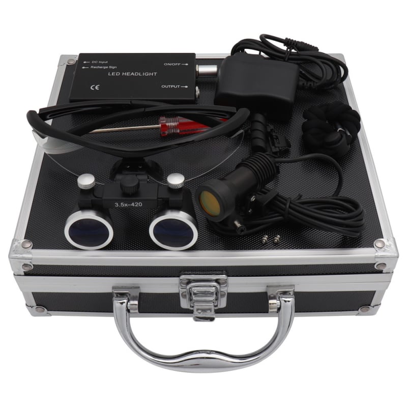 Dantų chirurginė lupa su LED 5W apšvietimu, 2,5×–3,5× didinimas, filtras, metalo korpusas