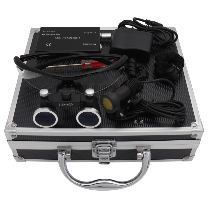 Dantų chirurginė lupa su LED 5W apšvietimu, 2,5×–3,5× didinimas, filtras, metalo korpusas