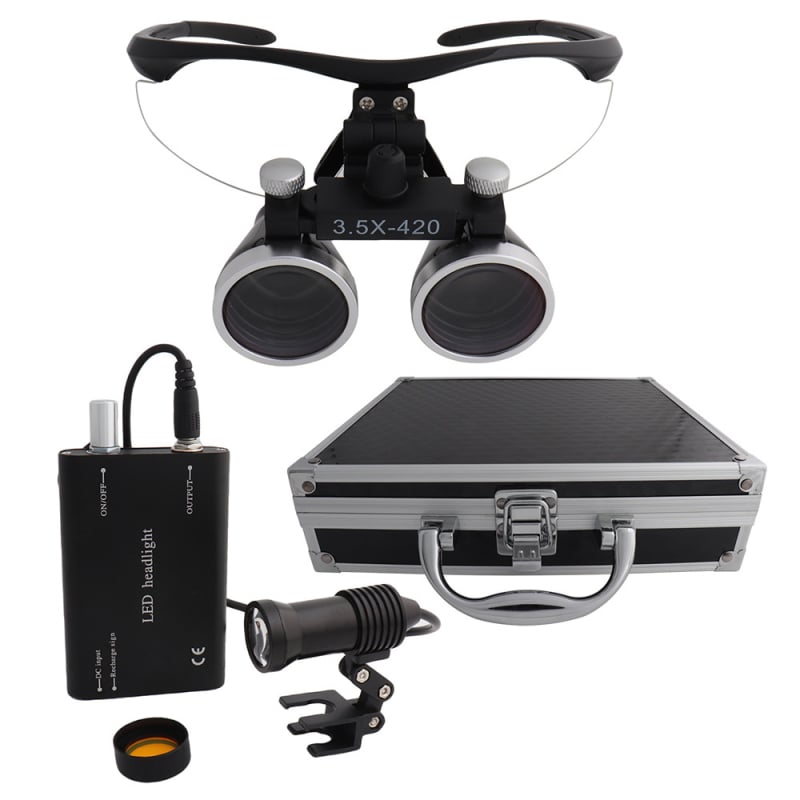 Dantų chirurginė lupa su LED 5W apšvietimu, 2,5×–3,5× didinimas, filtras, metalo korpusas