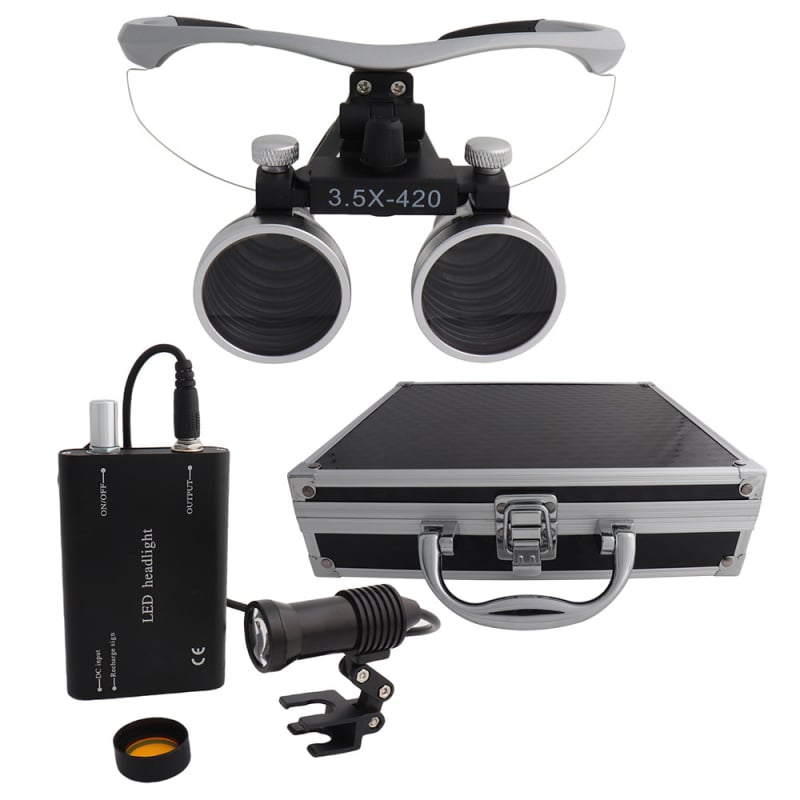 Dantų chirurginė lupa su LED 5W apšvietimu, 2,5×–3,5× didinimas, filtras, metalo korpusas