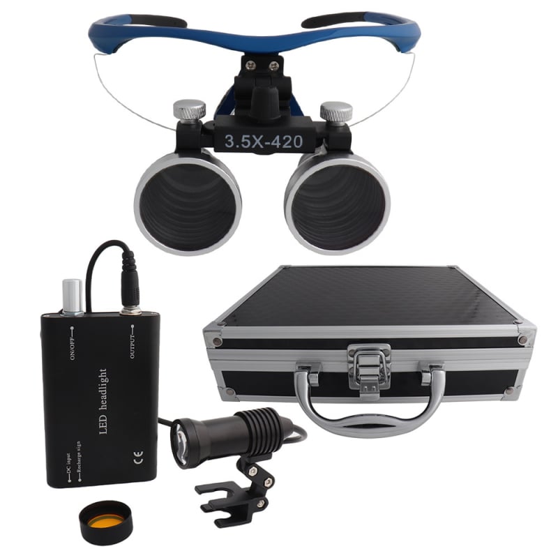 Dantų chirurginė lupa su LED 5W apšvietimu, 2,5×–3,5× didinimas, filtras, metalo korpusas