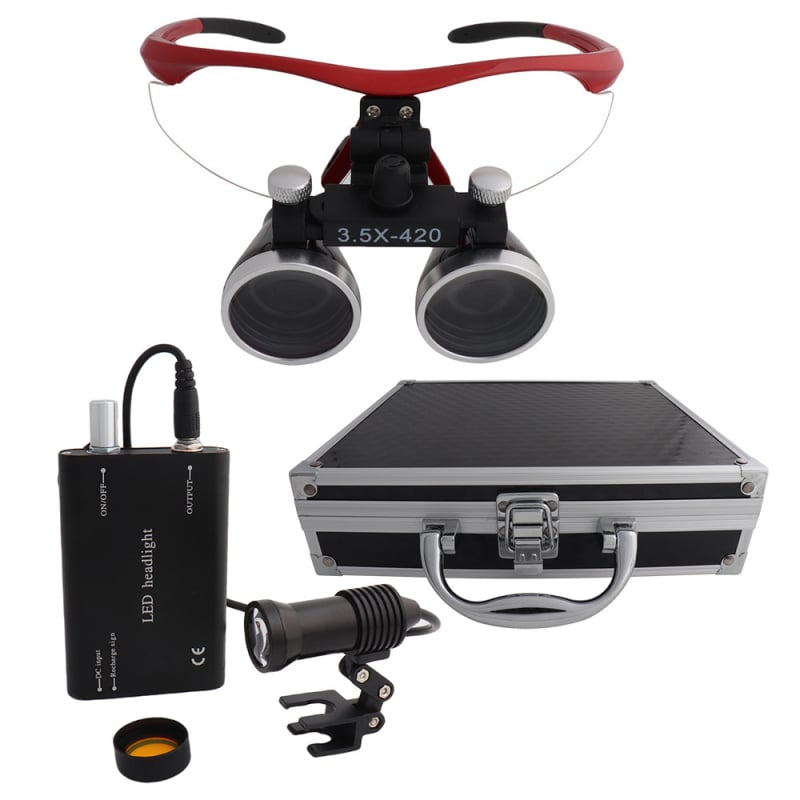 Dantų chirurginė lupa su LED 5W apšvietimu, 2,5×–3,5× didinimas, filtras, metalo korpusas