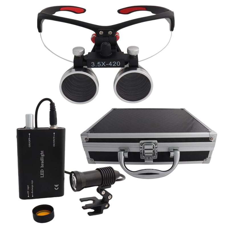 Dantų chirurginė lupa su LED 5W apšvietimu, 2,5×–3,5× didinimas, filtras, metalo korpusas