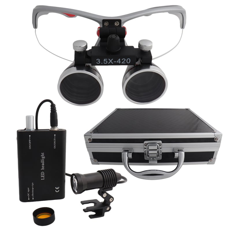 Dantų chirurginė lupa su LED 5W apšvietimu, 2,5×–3,5× didinimas, filtras, metalo korpusas