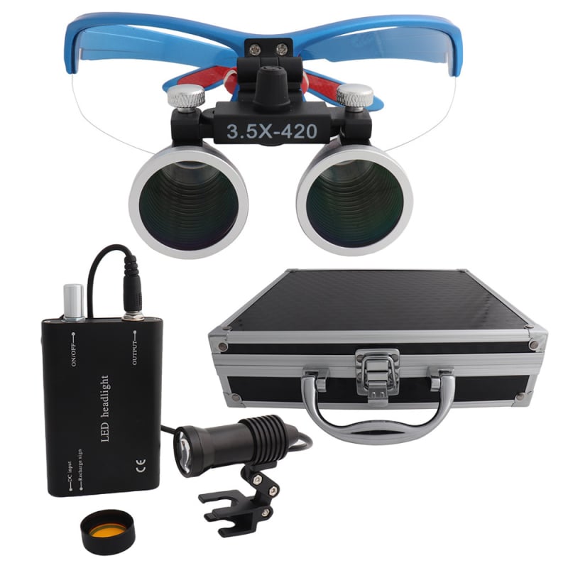 Dantų chirurginė lupa su LED 5W apšvietimu, 2,5×–3,5× didinimas, filtras, metalo korpusas