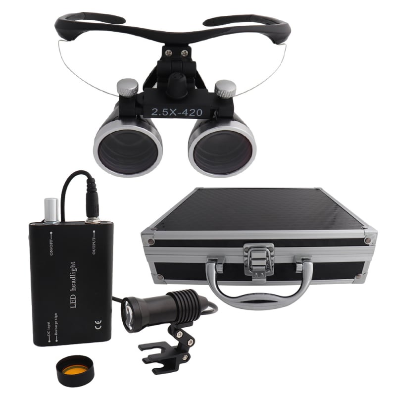 Dantų chirurginė lupa su LED 5W apšvietimu, 2,5×–3,5× didinimas, filtras, metalo korpusas