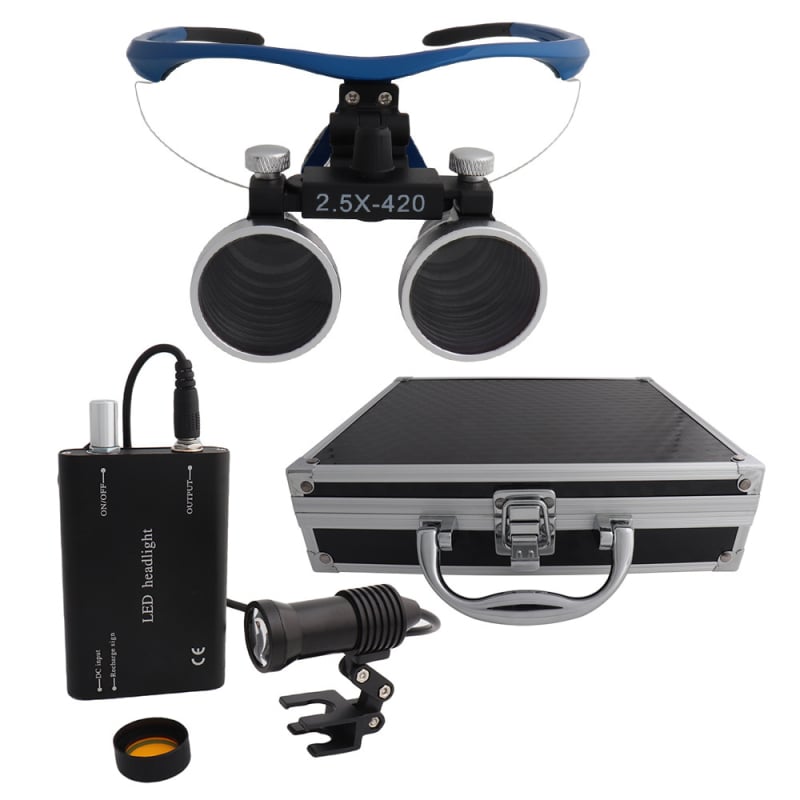 Dantų chirurginė lupa su LED 5W apšvietimu, 2,5×–3,5× didinimas, filtras, metalo korpusas