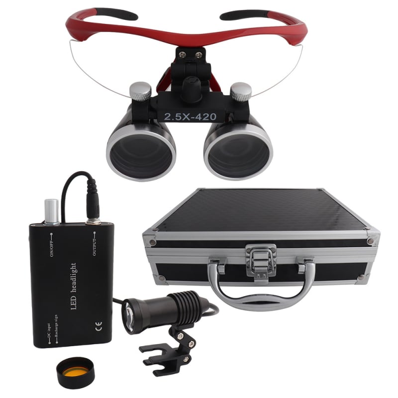 Dantų chirurginė lupa su LED 5W apšvietimu, 2,5×–3,5× didinimas, filtras, metalo korpusas