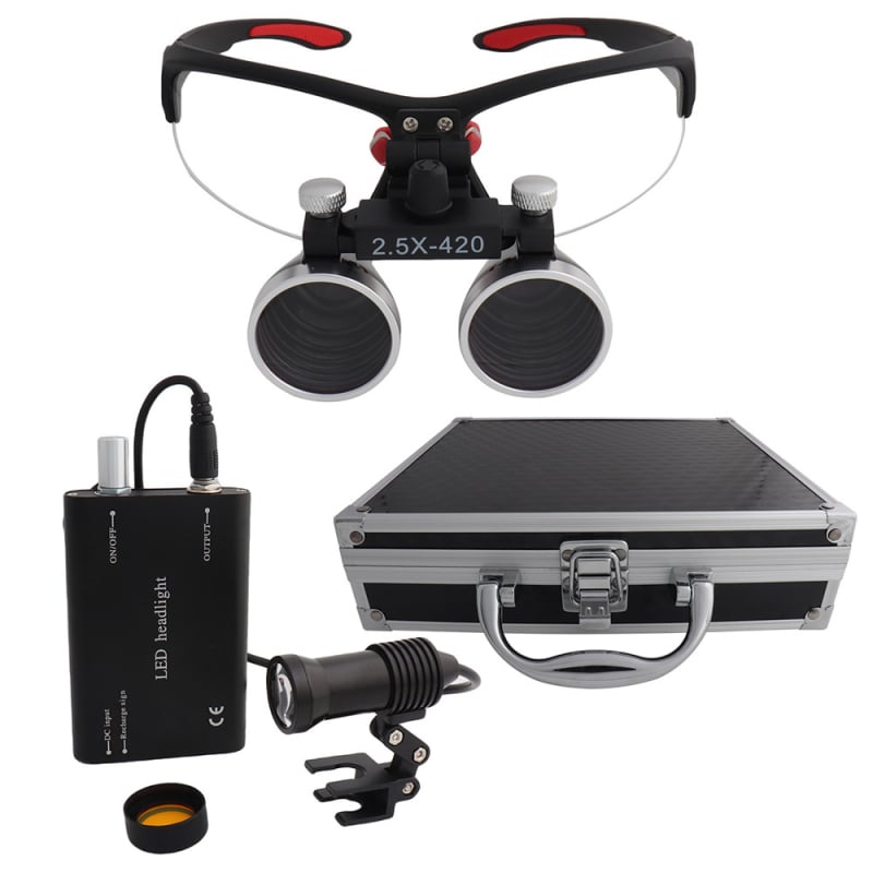 Dantų chirurginė lupa su LED 5W apšvietimu, 2,5×–3,5× didinimas, filtras, metalo korpusas