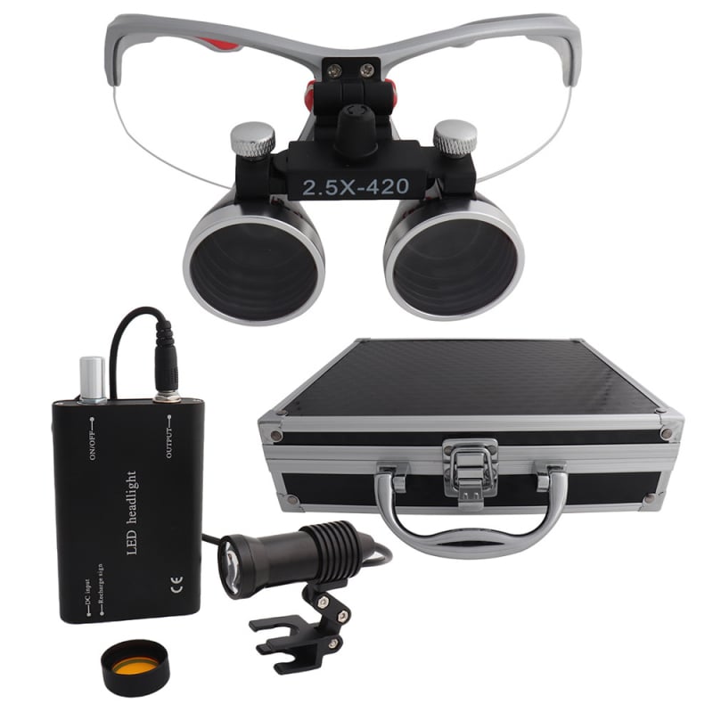 Dantų chirurginė lupa su LED 5W apšvietimu, 2,5×–3,5× didinimas, filtras, metalo korpusas