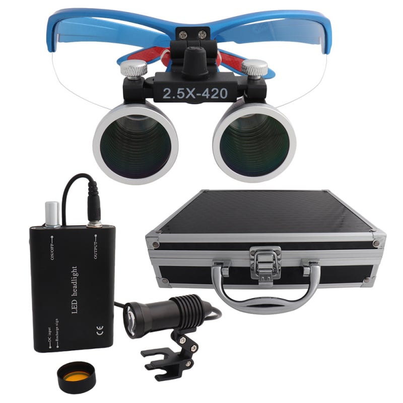 Dantų chirurginė lupa su LED 5W apšvietimu, 2,5×–3,5× didinimas, filtras, metalo korpusas