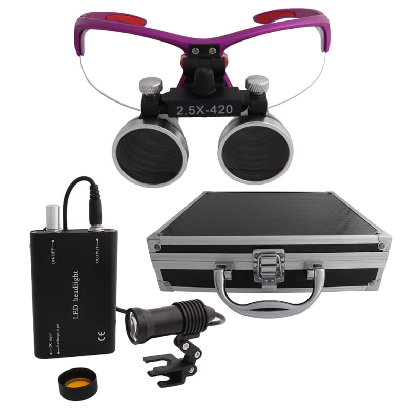 Dantų chirurginė lupa su LED 5W apšvietimu, 2,5×–3,5× didinimas, filtras, metalo korpusas