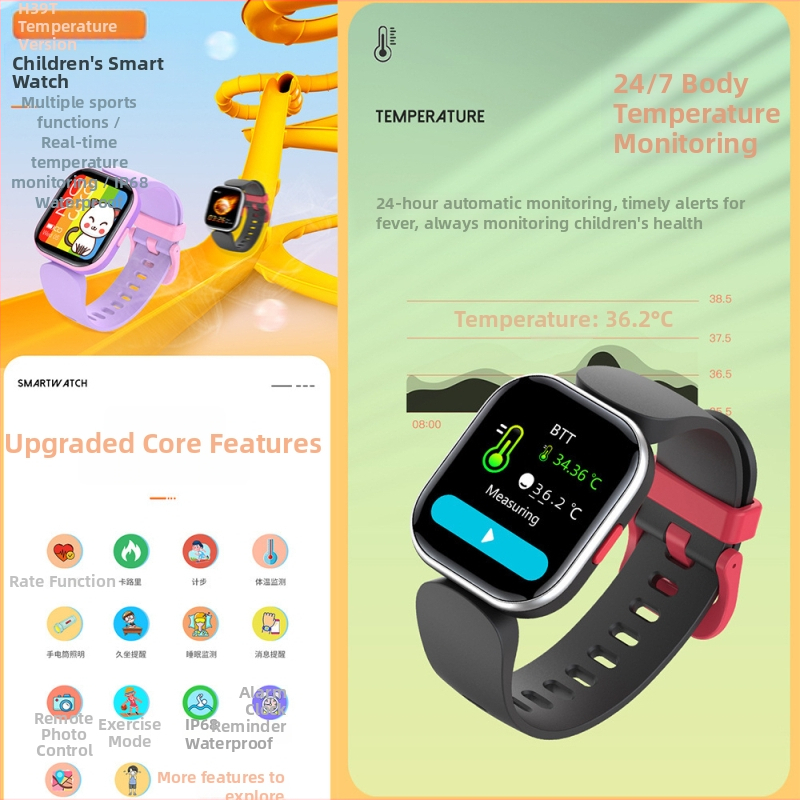 H39T Detské inteligentné hodinky: krokomer, tepová frekvencia, teplota tela, sledovanie spánku, viacjazyčná podpora