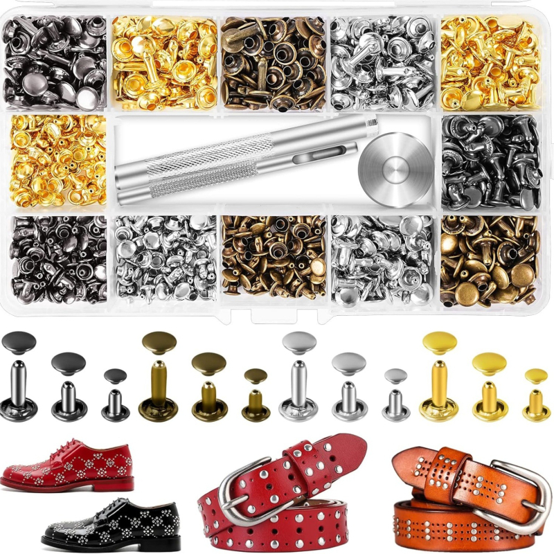 480 части метални декоративни заклепки за кожени изделия – кръгли плоски двустранни заклепки, копчета за облекло