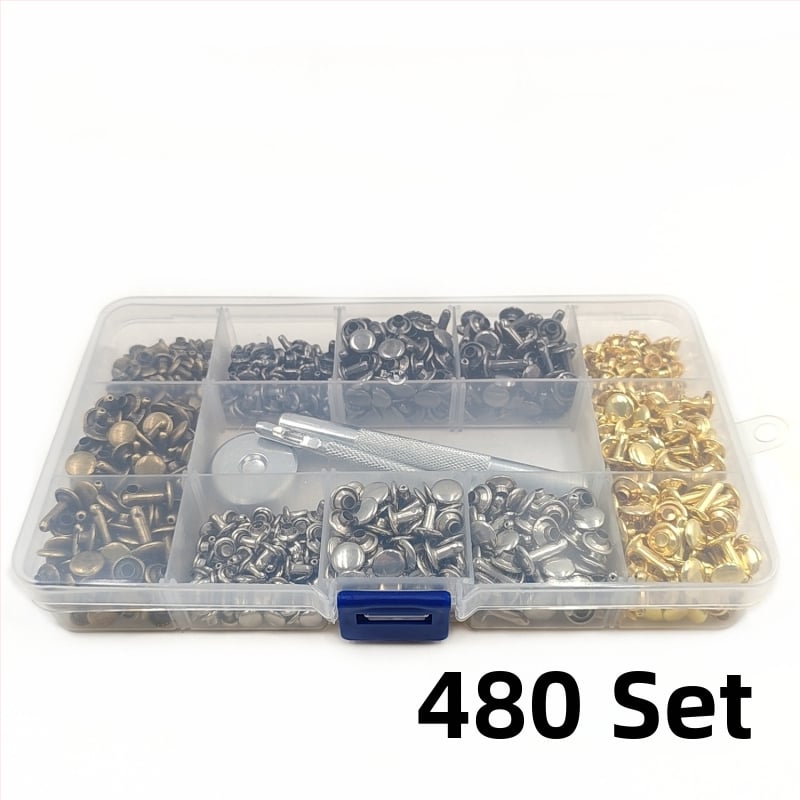 480 части метални декоративни заклепки за кожени изделия – кръгли плоски двустранни заклепки, копчета за облекло