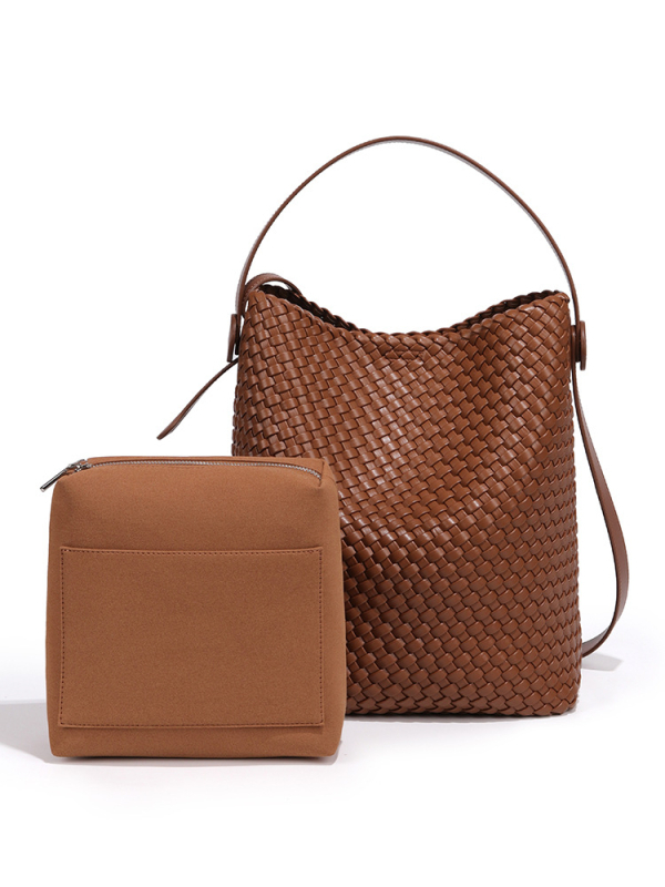 PU kožna bucket torba, pleteni dizajn, vintage stil, velika kapaciteta, četverokutni oblik, magnetsko zatvaranje, poliester podstava